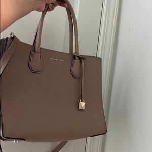 Michael Kors Brown Satchel with Gold Charm and Textured Leather